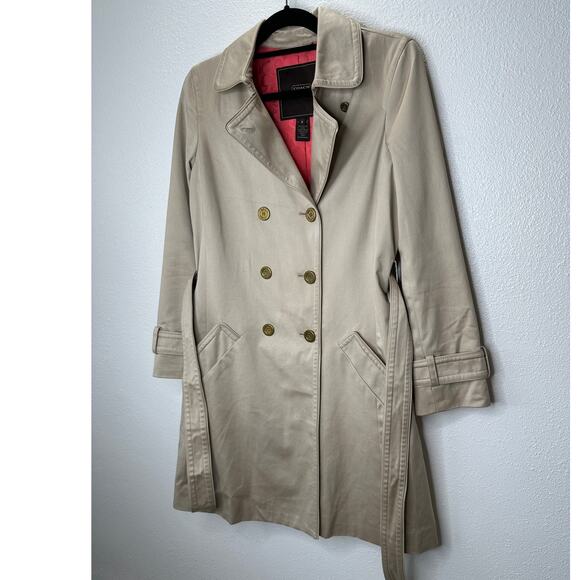 Coach Tan Double Breasted Tie Belt Trench Coat Gold Buttons Small - Picture 2 of 16